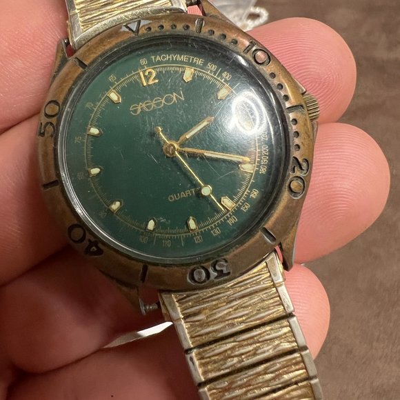 Vintage Sasson Quartz Watch‎ Women Bronze Tone Green Dial - Picture 4 of 6